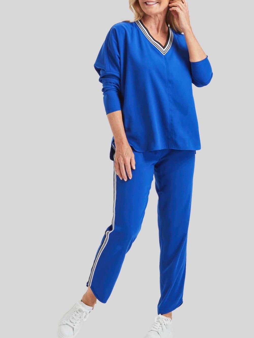 Peace of Cloth Royal Blue 2-Piece Set Striped V-Neck & tulip hem pant, XL